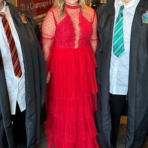 Red Polka Dot Mesh Overlay Dress